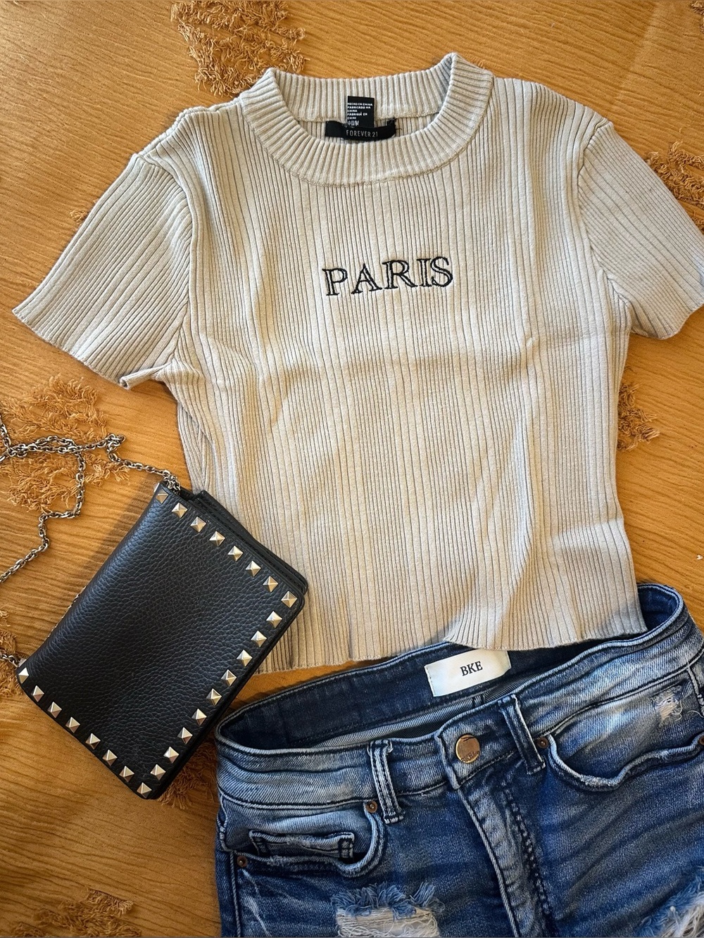 Forever 21 Beige Ribbed 'PARIS' Short Sleeve Top